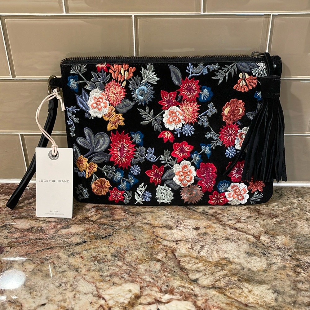 Lucky Brand Black Suede Clutch Bag With Colorful Embroidered Flowers